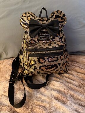 Loungefly Gold and Black Leopard Sequin Mini Backpack with Bow